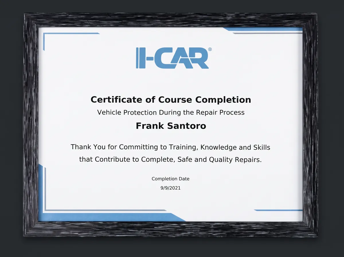 I-CAR certificate of completion: Vehicle Protection During the Repair Process