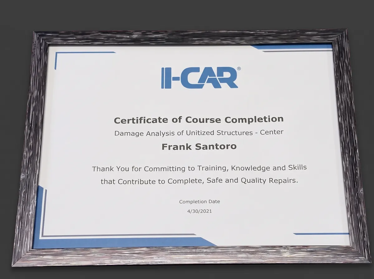 I-CAR certificate of completion: Damage Analysis of Unitized Structures – Center