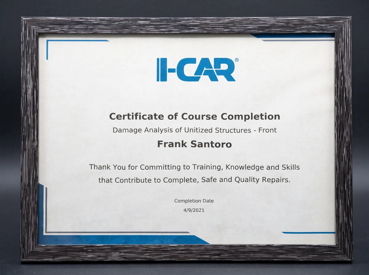 I-CAR certificate of completion: Damage Analysis of Unitized Structures – Front