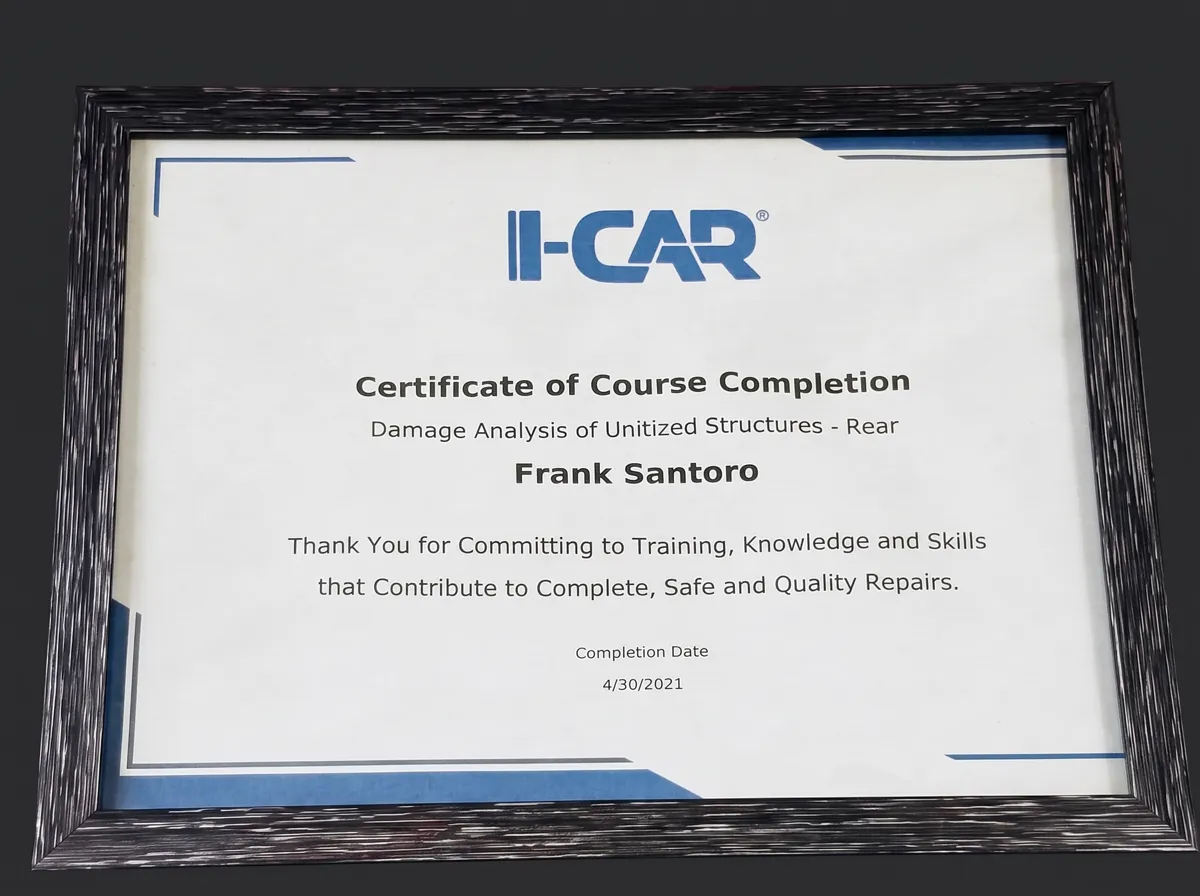 I-CAR certificate of completion: Damage Analysis of Unitized Structures – Rear