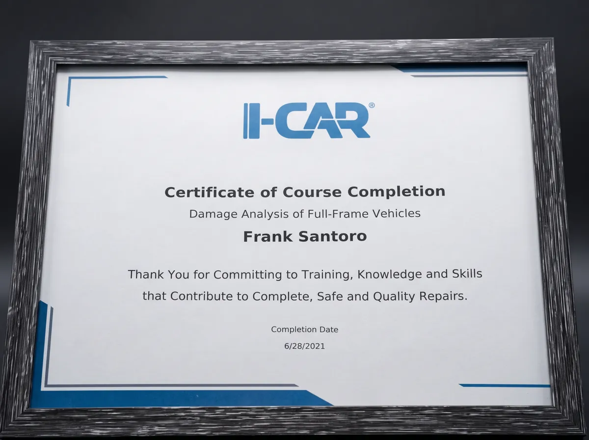 I-CAR certificate of completion: Damage Analysis of Full-Frame Vehicles