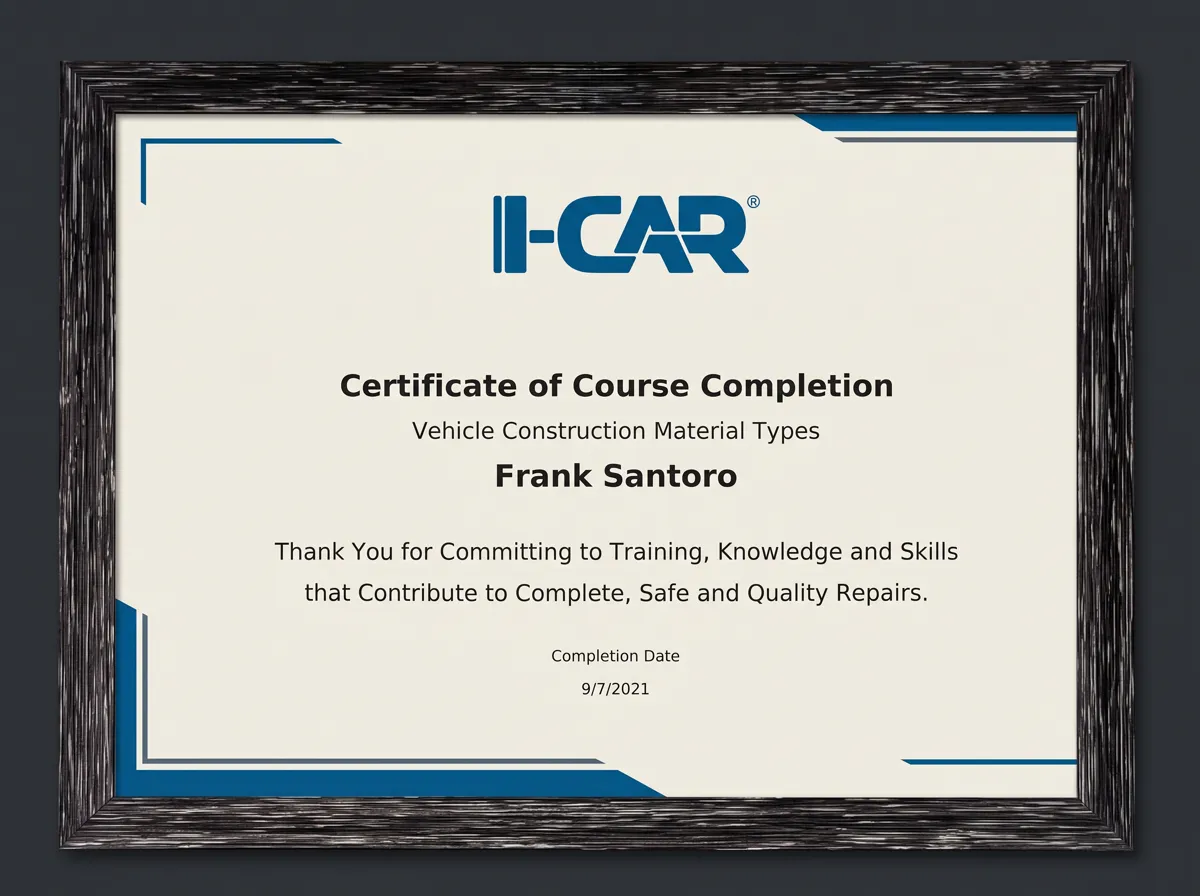 I-CAR certificate of completion: Vehicle Construction Material Types