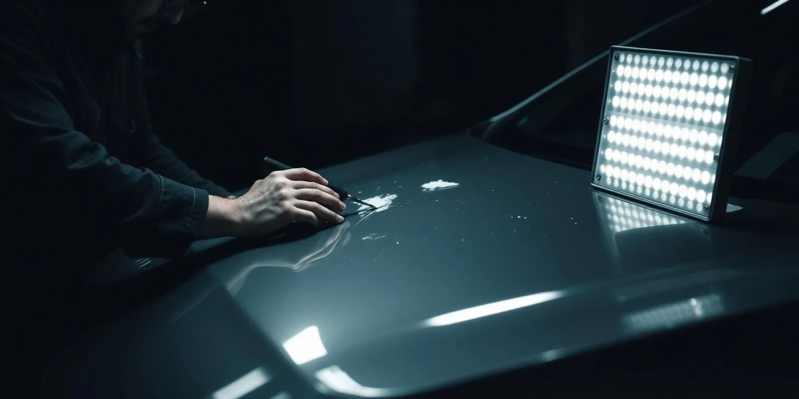 Paintless dent repair on hail-damaged hood